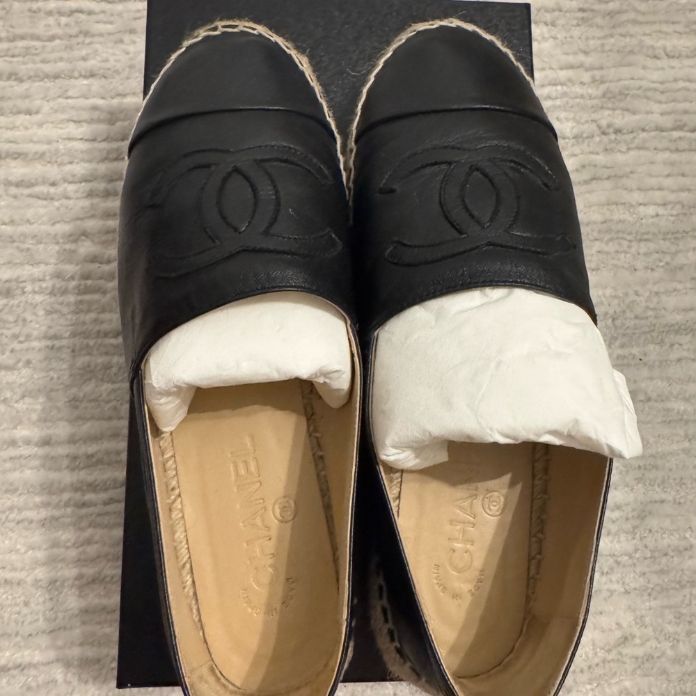 CHANEL Black Leather Espadrilles with CC Logo